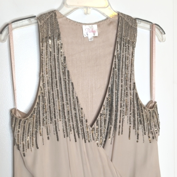 Parker 100% Silk Sleeveless Gold Sequin Fully Lined Mini Dress Nude L - Picture 3 of 15